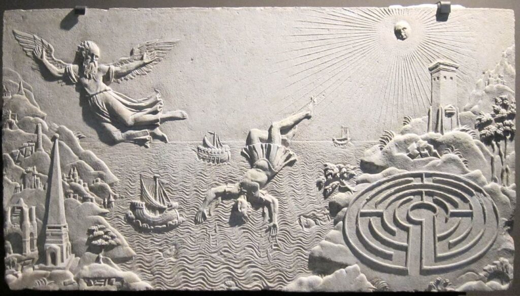 17th-century relief with a Cretan labyrinth bottom right (Musée Antoine Vivenel)